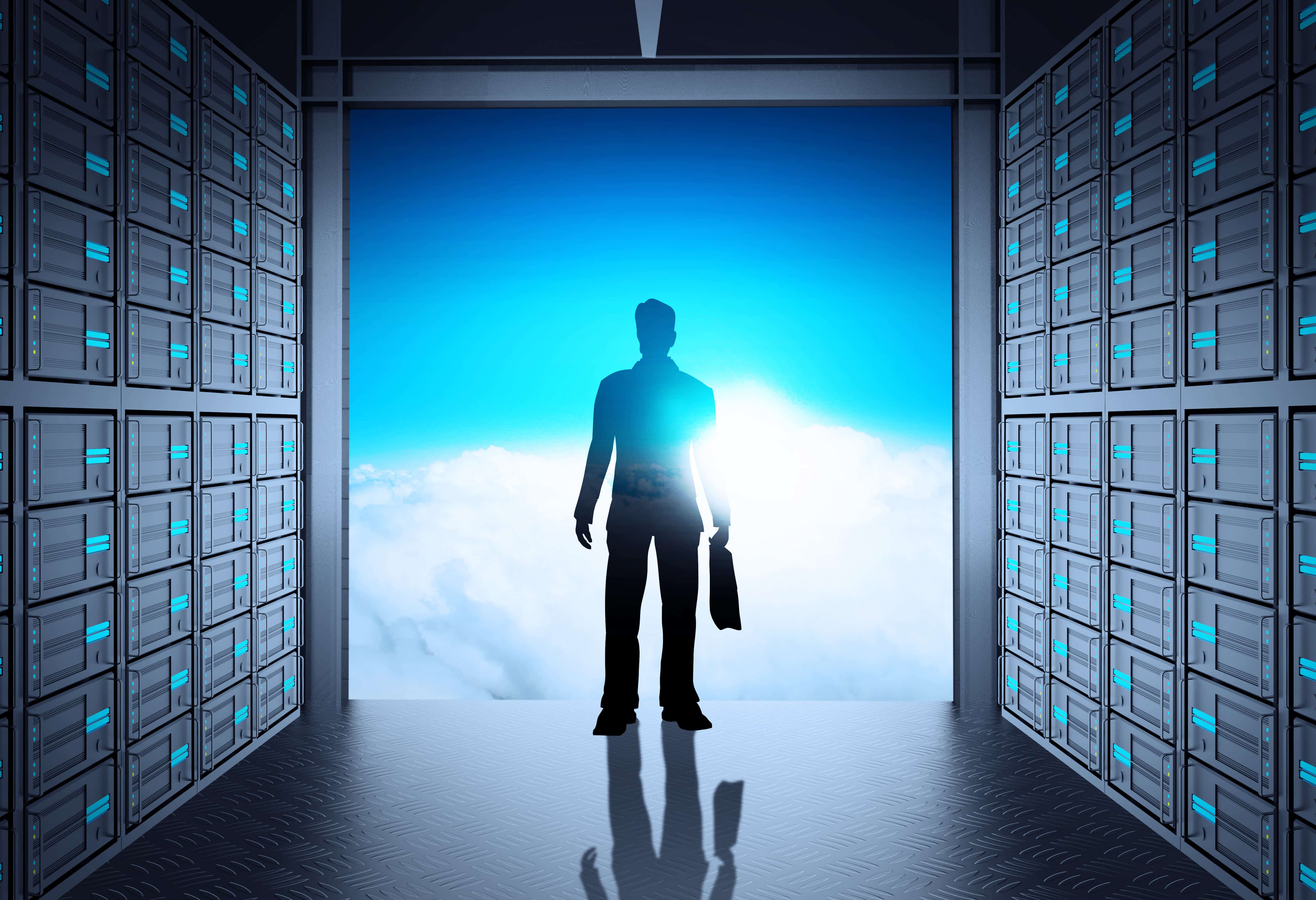 engineer business man in 3d network server room and cloud outside as concept