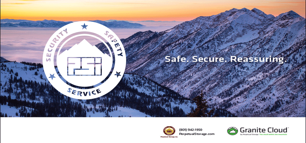 Perpetual Storage, Inc. Logo and words Safe, Secure, Reassuring over photo of beautiful mountain sunrise