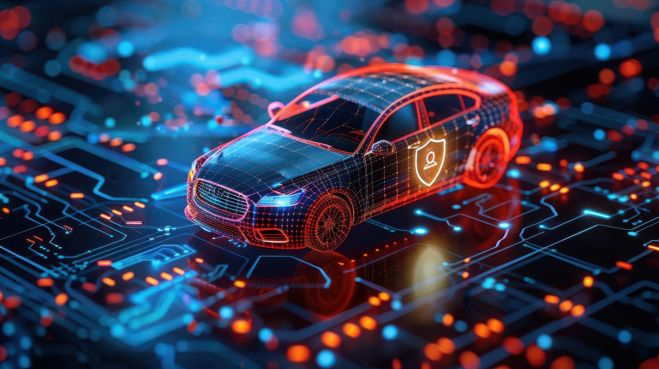 Futuristic car on a neon-lit circuit board, symbolizing advanced automotive technology and cybersecurity